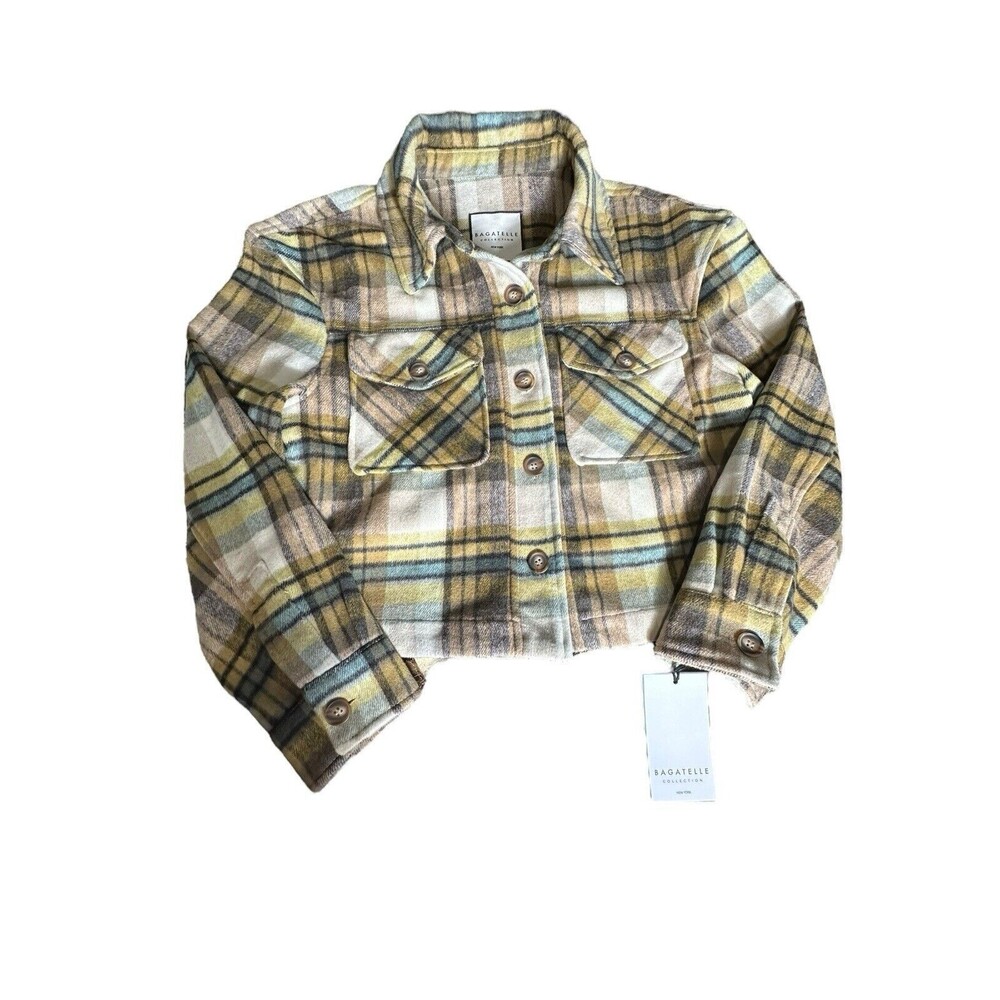 NWT Bagatelle Women's‎ Medium Plaid Wool Blend Crop Fleece Jacket Shacket #F12-4